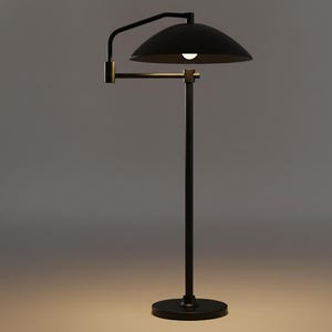 May include: A contemporary black floor lamp featuring a curved arm and a domed shade. The lamp stands on a circular base with a slender pole. The light is on, casting a glow beneath the shade.