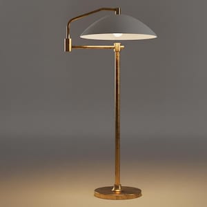 May include: A gold-coloured floor lamp with a white lampshade. The lamp has a curved arm and a round base. The lampshade is a semi-circle shape. The lamp is lit, and the background is a gradient of grey and yellow.