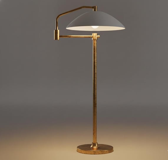 Mid-Century Modern Brass Floor Lamp: Standing Lamp with Dome Shade, Handmade Designer Lighting