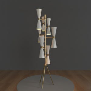 May include: A modern floor lamp with a gold-colored frame and multiple white cone-shaped shades. The lamp has a tripod base and a series of lights arranged vertically. The lamp is on a gray circular base.