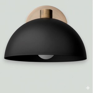 May include: A black dome-shaped wall sconce with a brass-colored mounting plate and a cylindrical accent. The sconce features a single light bulb. The design is modern and minimalist.
