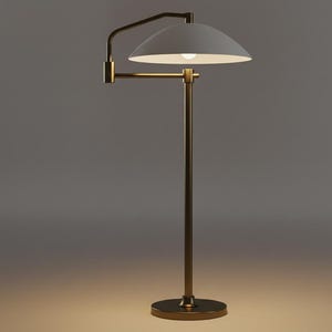 May include: A contemporary floor lamp featuring a white, semi-circular lampshade and a brass-toned, adjustable arm. The lamp has a tall, slender brass pole and a circular base. The light bulb is visible inside the shade. Designed for indoor use.