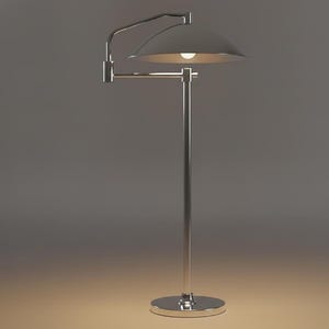 May include: A contemporary floor lamp in silver with a curved arm and a domed lampshade. The lamp features a circular base and a single light bulb. The design is sleek and minimalist, suitable for modern interiors.