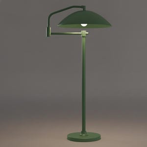 May include: A green floor lamp with a circular base and a curved arm holding a dome-shaped shade. The lamp has a minimalist design and a single light bulb. The color is a muted, olive green.