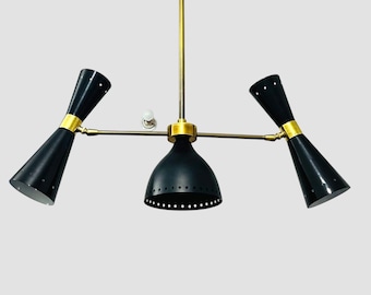 Modern Brass Linear Chandelier: Mid-Century Adjustable Black Cone Pendant Light