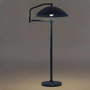 May include: A contemporary black floor lamp featuring a curved arm and a domed shade. The lamp has a circular base and a slender pole. The light is on, illuminating the area below. A stylish addition to any room, it is a modern lighting solution.