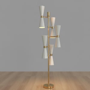 May include: A modern floor lamp with a brass finish and multiple white cone-shaped shades. The lamp has a round base and a tall, vertical design, perfect for illuminating a living room or bedroom.