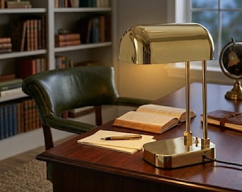 Vintage Brass Banker Style Desk Lamp, Mid Century Modern Bedside Light