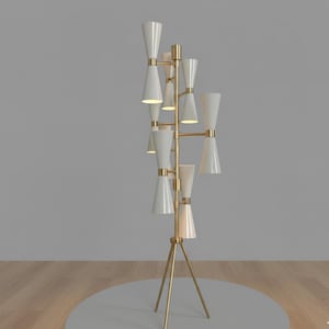 May include: A modern floor lamp with a gold-colored tripod base and a series of white, cone-shaped shades. The lamp has a multi-arm design, with the shades arranged at different heights. The overall design is sleek and contemporary, suitable for various interior styles.