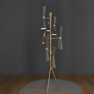 May include: A modern floor lamp with a brass frame and multiple dark gray cone-shaped shades. The lamp has a tripod base and a series of lights that extend upwards. The design is sleek and contemporary, suitable for interior decor.