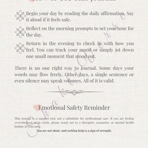 May include: A journal page with text titled "How to Use This Journal" and "Emotional Safety Reminder." Instructions include daily affirmations, reflecting on prompts, and tracking mood. The page also includes a quote by Sophia Bush.