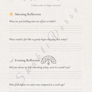 May include: A journal page with the title "Day 7: I'm Letting Go" and prompts for reflection. The page includes sections for morning and evening reflections, with lines for writing and a graphic of a meter with smiley faces.