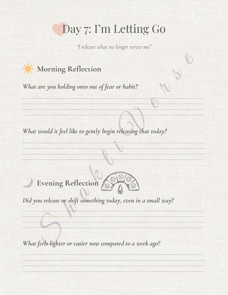 May include: A journal page with the title "Day 7: I'm Letting Go" and prompts for reflection. The page includes sections for morning and evening reflections, with lines for writing and a graphic of a meter with smiley faces.