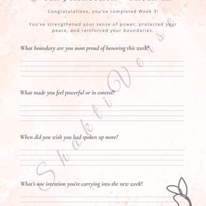 May include: A journal page with the title "Week 3 Reflection - Check-In" and lined spaces for reflection. The page has a soft pink watercolor background and includes prompts about boundaries, power, and intentions.