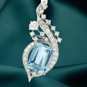 Handmade Emerald Cut Aquamarine Gemstone Brooch Pin for Women – 14K White Gold – Sparkly Wedding Jewelry Gift, Elegant Formal Wear Accessory