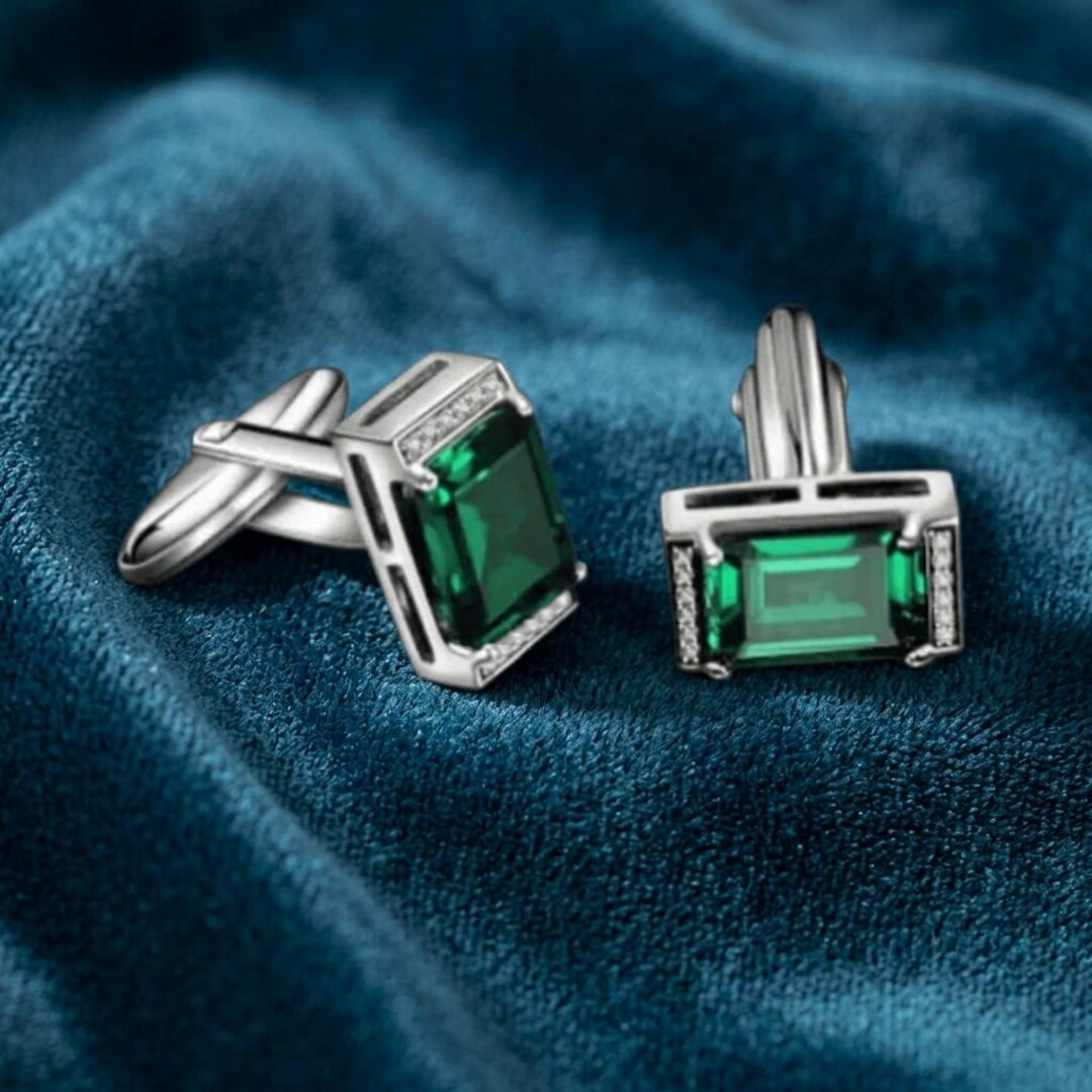 Emerald Cut Green Emerald Cufflink, 14k White Gold Men's Shirt