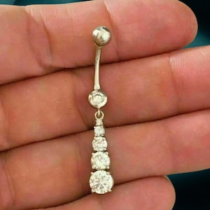 Diamond Charm Belly Ring | 14k White Gold Plated Navel Belly Ring For Women | Shiny Round Stone Belly Ring | Trendy Gold Belly Ring