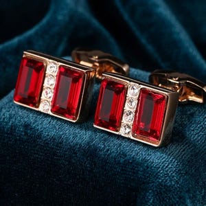 May include: A pair of gold-tone cufflinks featuring two rectangular red stones separated by a vertical row of three small clear round stones. The metal frame is polished gold-tone, and the design is rectangular with a hinged toggle backing.