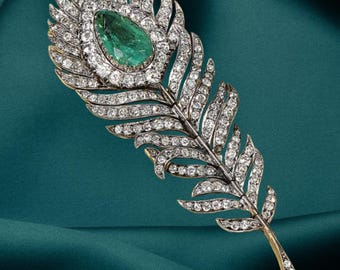 Crystal Emerald Feather Luxury Pin | Round Cut Diamond Accent | 925 Sterling Silver Brooch for Women | Formal Brooch | Handmade Gift Brooch