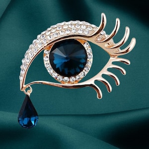 Blue Evil Eye Brooch Pin, Teardrop Sapphire Brooch, Enamel Crystal Eyelash Pin, Gold Eyeball Statement Jewelry, Unique Eye Lapel Pin Gift