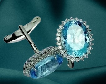 Oval Cut Blue Topaz Cufflink for Men – 14K White Gold Formal Shirt Cufflinks – Elegant Wedding Groom Accessory or Business Suit Jewelry Gift