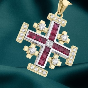 Pendentif croix pour homme en rubis rouge fait main, pendentif taille princesse, pendentif fantaisie plaqué or jaune 14 carats, pendentif cadeau de mariage, cadeau d'amour.