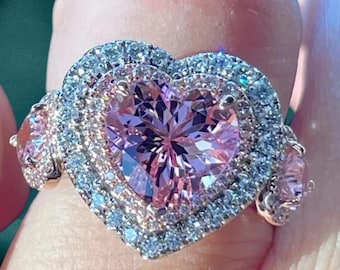 Heart Cut Pink Sapphire Diamond Engagement Ring | Pave Halo Heart Cut Ring | 14K White Gold Promise Ring | Romantic Anniversary Gift.