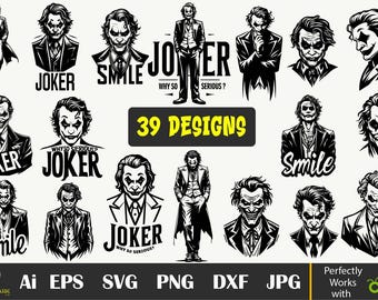 Joker SVG-paket, filmclipart, läskigt leende (digital nedladdning)