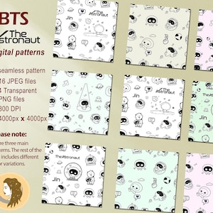 May include: Digital patterns featuring the text "BTS The Astronaut" with various cartoon illustrations. The patterns include seamless designs with 16 JPEG files, 4 transparent PNG files, and a resolution of 4000px x 4000px.