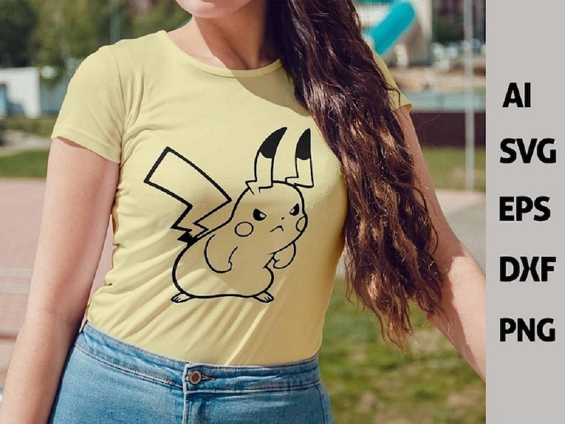 May include: A light yellow t-shirt featuring a black outline of an angry Pikachu character. The shirt is paired with blue denim jeans. The image also includes the text "AI SVG EPS DXF PNG".