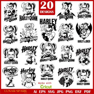 May include: A collection of 20 black and white Harley Quinn designs. The images feature various illustrations of the character, including portraits and action poses, with the text "Harley Quinn" and "Harley". The designs are suitable for use with Cricut.
