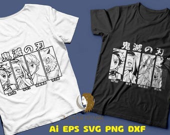 May include: Two t-shirts, one white and one black, each featuring a manga-style graphic. The graphic includes Japanese text and several character portraits in black and white. The shirts are displayed on a blue background.