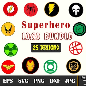 Peut inclure: Un ensemble de 25 logos de super-héros de forme circulaire. Les logos présentent diverses couleurs et symboles, dont un éclair, une araignée et une étoile. Le texte "Superhero LOGO BUNDLE" est affiché.