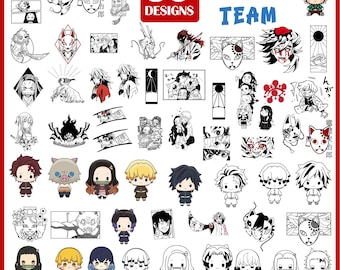 May include: A collection of 80 black and white designs featuring characters and imagery from the "Slayer Team" anime series. Includes chibi-style figures, illustrations, and text elements. The designs are available in various file formats.