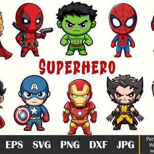 Op de afbeelding: Een verzameling cartoon superhelden, waaronder Thor, Deadpool, Hulk, Spider-Man en anderen. Het woord "SUPERHERO" is in het rood geschreven. De afbeelding bevat ook pictogrammen voor bestandstypen: AI, EPS, SVG, PNG, DXF en JPG.