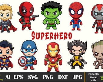 Chibi Superhero SVG Bundle, Avengers Clipart (Digital Files)