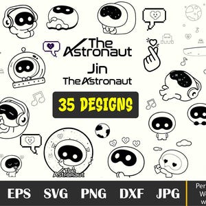 May include: A collection of 35 black and white astronaut-themed designs. The designs include astronaut characters with headphones, in space suits, and holding hearts. The text "The Astronaut Jin" is also present.
