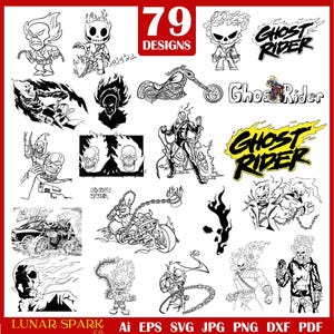 May include: A collection of 79 Ghost Rider designs in black and white. The images include illustrations of the character on a motorcycle, holding chains, and with a flaming skull. The text "Ghost Rider" is also featured.