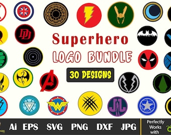スーパーヒーロー ロゴ SVG バンドル、コミックアイコン、30 デザイン (デジタルダウンロード)
