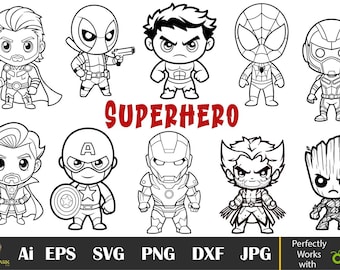 Baby Superhero SVG Bundle, Chibi Avengers Clipart (Digital Files)