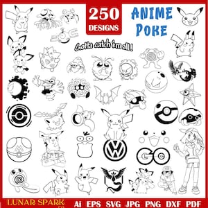 Op de afbeelding: Zwart-wit digitale ontwerpen met verschillende anime-personages en -elementen. De afbeelding bevat de tekst "250 Designs", "Anime Poke" en "Gotta catch 'em all!" samen met bestandsinfo.