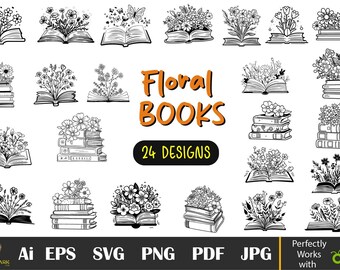 Floral Book SVG, Flowers PNG Clipart (Digital Download)