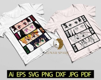 May include: Two white t-shirts with anime-style eye graphics. One shirt features colored eyes, the other black and white. The bottom of the image has the text "Ai EPS SVG PNG DXF JPG PDF".