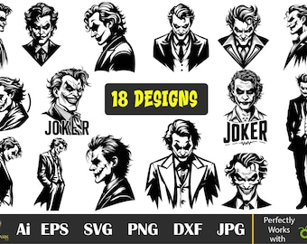 Pakiet Joker SVG, Clipart filmowy, Straszny uśmiech (Plik cyfrowy)