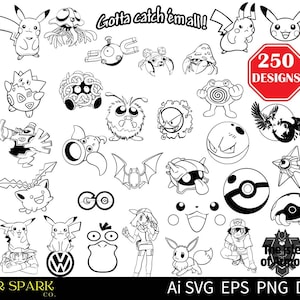 May include: A collection of 250 black and white Pok&eacute;mon designs, including Pikachu, various Pok&eacute;mon characters, logos, and text that reads "Gotta catch 'em all!" and "The Isle of Armor". The image also includes the text "Ai SVG EPS PNG DXF".