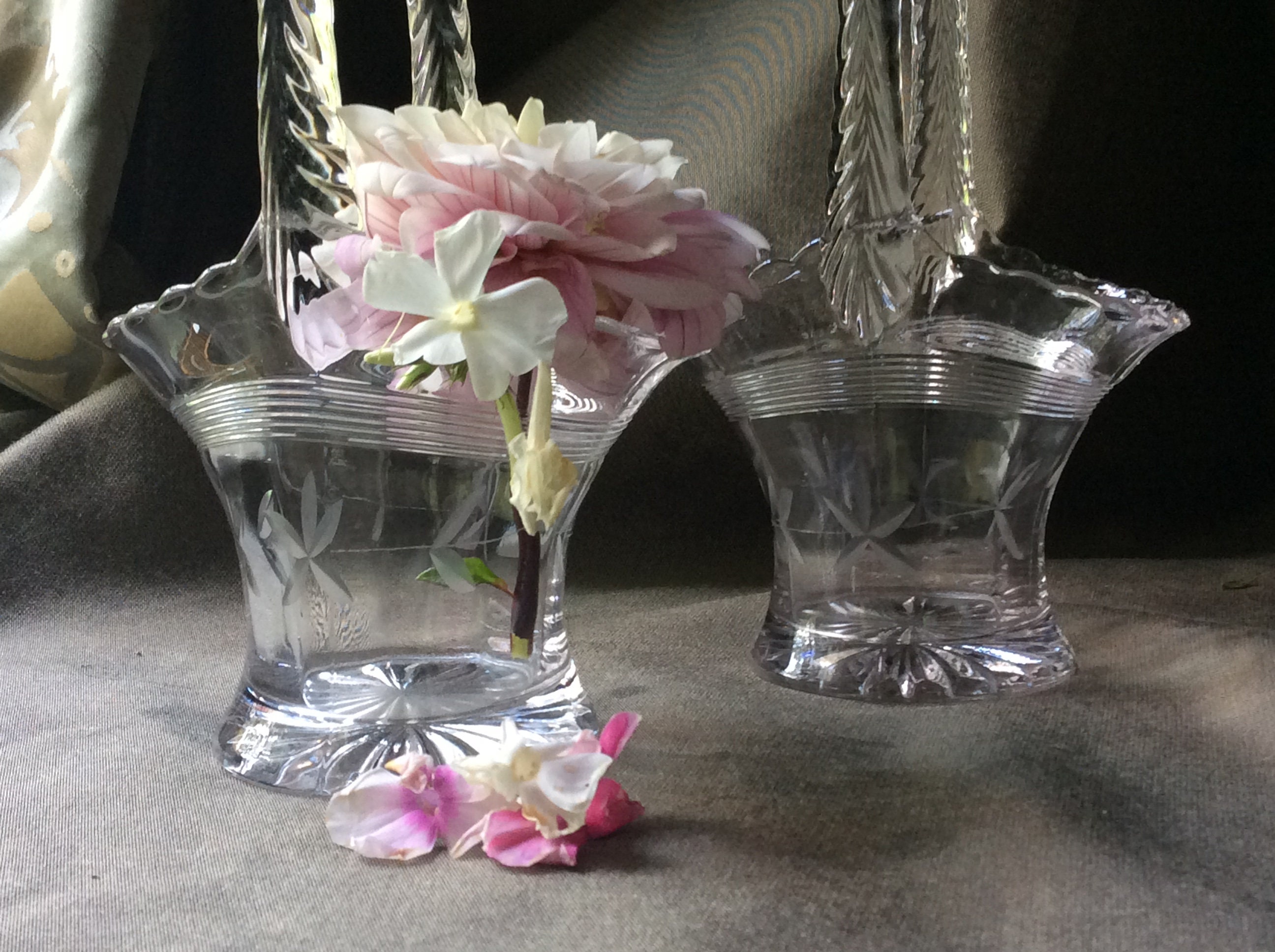 Antique American Crystal Basket Vases Pair Etsy