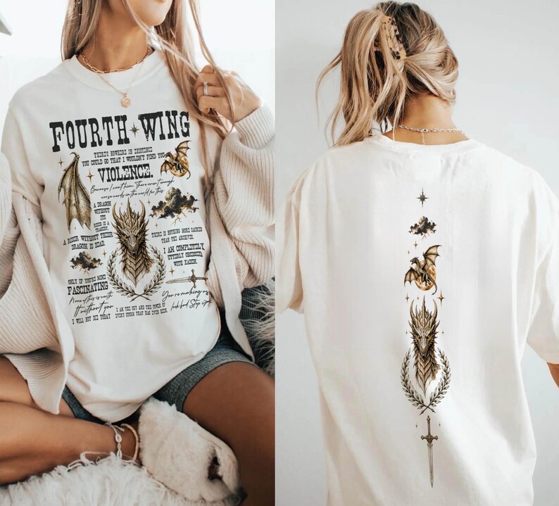 May include: An off-white crewneck sweatshirt and t-shirt featuring Fourth Wing book graphics. The front displays the text Fourth Wing, dragon illustrations, and quotes. The back features a vertical design with a star, clouds, a dragon, and a sword.