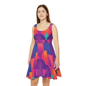 Vibrant Geometric Women&#39;s Skater Dress | Colorful Summer Dress, Casual Party Wear, Festival Outfit, Boho Style, AOP Dress