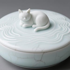 Ceramic Cat Urn: Celadon Ripple Memorial Box with Sleeping Cat Sculpture