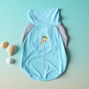 May include: Light blue dog shirt with a high collar and gray side panels. The shirt features a cartoon lemon wearing sunglasses and riding a surfboard, with the text "COOLER THAN YOU".